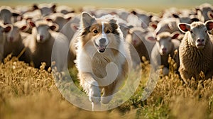 A Shetland sheepdog is guarding sheep on a farm