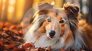 shetland sheepdog, lies outdoors on autumn day Generative AI