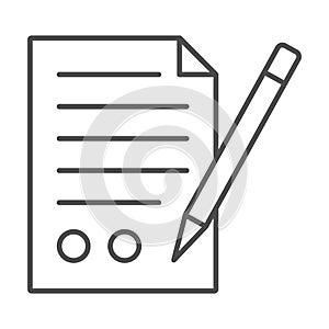shett of paper, filled in form, pencil thin line icon, documents concept, application form vector sign on white