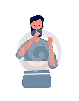 Shh male. Man with hand gesture near mouth symbol keep quiet vector concept character