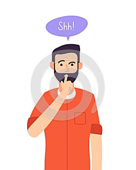 Shh man. Business secret, serious male with silence hand gesture at closed mouth. Silence please keep quiet vector photo