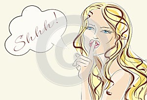 Shhh bubble pop art woman face with finger on lips Silence Gesture photo