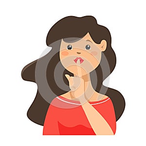 Shhh... Pretty woman keeps fingers on lips, demonstrates silence sign, has a secret isolated vector illustration