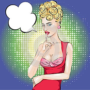 Shhh speech bubble pop art pin-up woman with finger on her lips