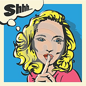 Shhh woman, blonde woman with finger on lips, silence gesture, pop art style banner, shut up photo