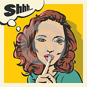 Shhh woman, woman with finger on lips, silence gesture, pop art style woman, shut up photo