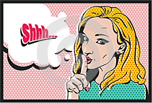 Shhh... Woman with finger on lips, silence gesture, pop art style woman photo