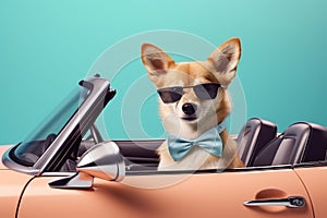 Shiba Inu dog in a pink car on a blue background. A dog in glasses is driving. Generative AI