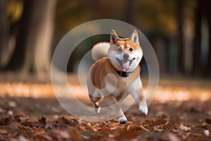 Shiba inu dog running in autumn forest. Shiba inu is a Japanese breed of dog.