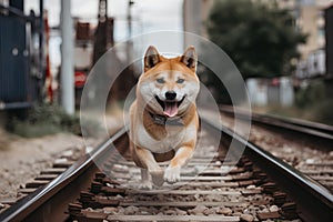 Shiba Inu dog running on railway tracks. Shiba Inu is a Japanese breed of dog.