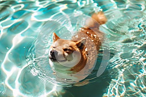 Shiba inu dog swimming in clear pool water