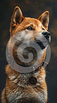 Shiba Inu Dog Wearing Dogecoin Collar photo