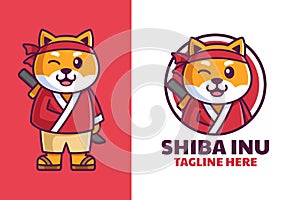 Shiba Inu in Samurai Clothes Cartoon Logo Design