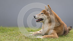 The Shiba Inu is sitting on a green lawn with a gray wall. Shiba Inu dog breed They are a small breed of Japanese dogs