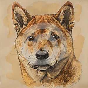 Shiba Inu dog portrait sketch, color painting photo
