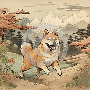 Shiba Inu dog portrait sketch, color drawing Japanese landscape photo