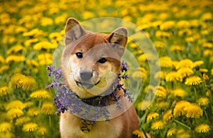 Shiba and lots of dandelions