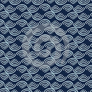 Shibori Background.Tie Dye Indigo Blue Wave Texture. Bleached Handmade Resist Seamless Pattern. Watercolor Water Sea River.