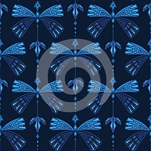 Shibori Butterfly Background.Tie Dye Indigo Blue Wave Texture. Bleached Handmade Resist Seamless Pattern. Watercolor Textile.