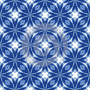 Shibori Tie Dye Diamond Background. Seamless Pattern Abstract Textile Swatch in Bleach Style Dyed Indigo Blue. Vector EPS 10