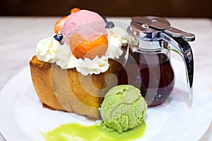 Shibuya honey toast with fruit and green tea ice cream