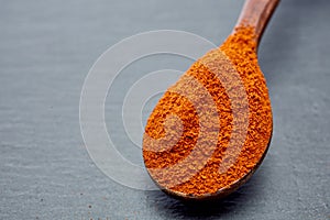 Shichimi pepper in Wooden spoon on black plate,