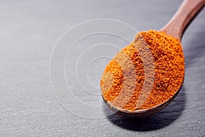 Shichimi pepper in Wooden spoon on black plate,