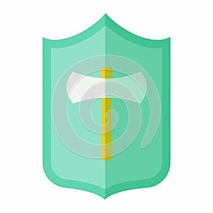 Shield with an axe icon, flat style