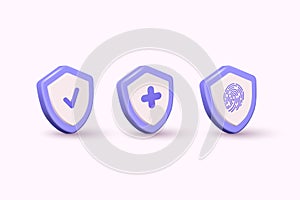 Shield with check mark, cross and finger print sign. Symbol security safety icon. 3D Web Vector Illustrations