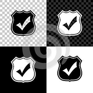 Shield with check mark icon isolated on black, white and transparent background. Protection, safety, security, protect