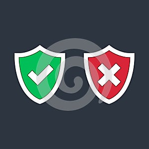 Shield check marks icon set. Red and green shield with tick and cross. YES or NO accept and decline symbol