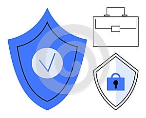 Shield with Checkmark and Lock, Briefcase Symbolizing Security and Business Protection