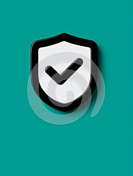 Shield with a checkmark on a teal background, symbolizing security.