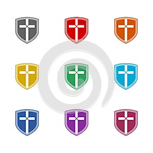 Shield with christian cross icon isolated on white background. Set icons colorful