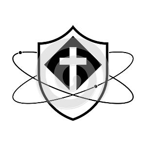 Shield with christian cross icon. Linear shield icon. Christian church logo design
