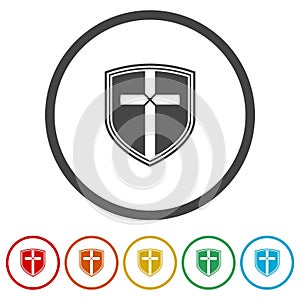 Shield with christian cross icon. Set icons in color circle buttons
