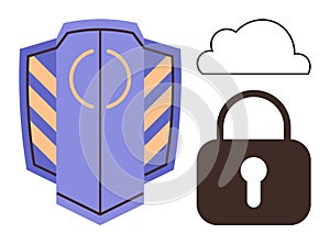 Shield, Cloud, and Lock Representing Cybersecurity and Data Protection Concepts