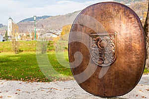 Shield with the Coat of arms of Mondsee, Austria