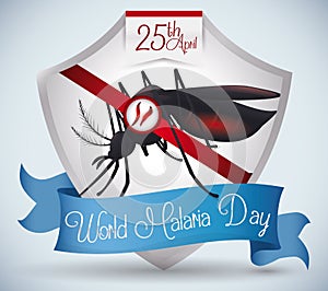 Shield Commemorating World Malaria Day with Mosquito Inside, Vector Illustration