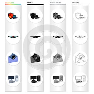 Shield for computer, virus and tablet, hacking of mail, computer equipment on the lock. Hacker and hacking set