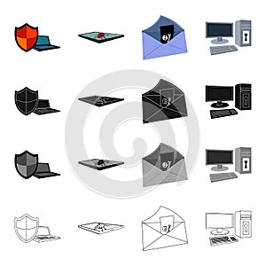 Shield for computer, virus and tablet, hacking of mail, computer equipment on the lock. Hacker and hacking set