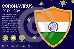 Shield covering and protecting of India. Conceptual banner, poster, advisory steps to follow during the outbreak of Covid-19, photo