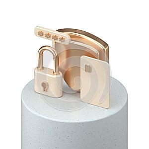 Shield, credit card, padlock and password bar composition. 3d rendering illustration.