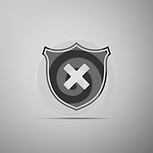 Shield and cross x mark icon isolated on grey background. Denied disapproved sign. Protection and safety or security