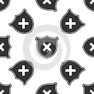 Shield and cross x mark isolated icon seamless pattern on white background. Denied disapproved sign. Protection and