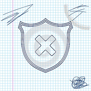 Shield and cross x mark line sketch icon isolated on white background. Denied disapproved sign. Protection, safety