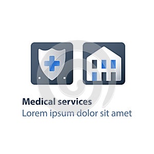 Shield and cross, medical insurance, health care policy, hospital services, preventive check up