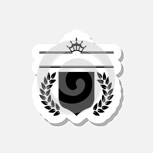 Shield with crown and laurel sticker isolated on gray background