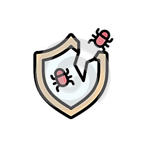 Shield cyber attack bug icon. Simple color with outline vector elements of hacks icons for ui and ux, website or mobile