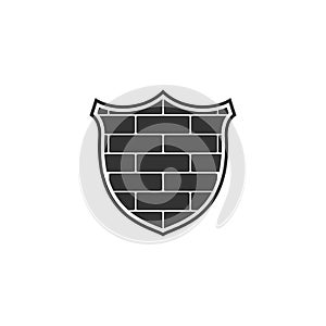 Shield with cyber security brick wall icon isolated. Data protection symbol. Firewall logo. Network protection. Flat